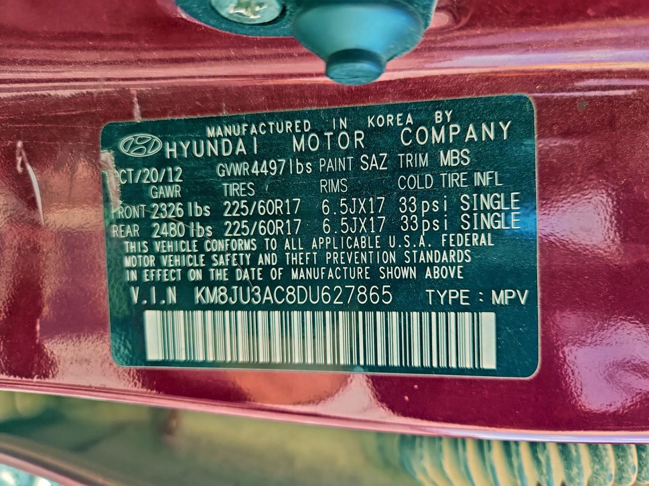 2013 Hyundai Tucson Gls VIN: KM8JU3AC8DU627865 Lot: 94382005