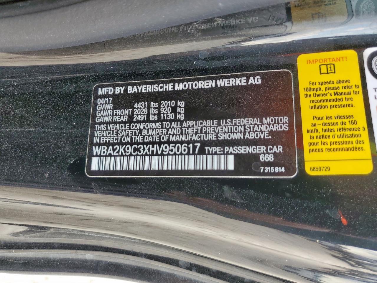 2017 BMW 230I VIN: WBA2K9C3XHV950617 Lot: 93519685