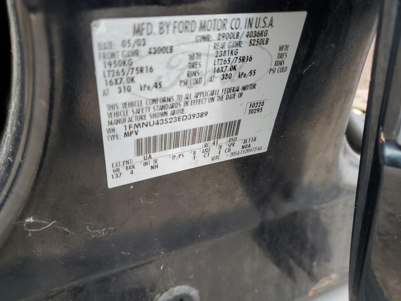 2003 Ford Excursion Limited VIN: 1FMNU43S23ED39389 Lot: 93691395