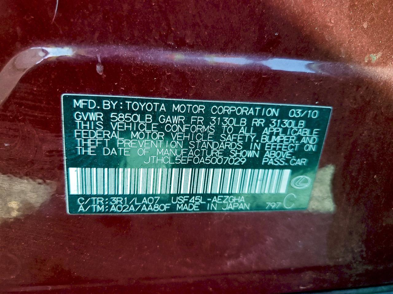 2010 Lexus Ls 460 VIN: JTHCL5EF0A5007029 Lot: 93730335