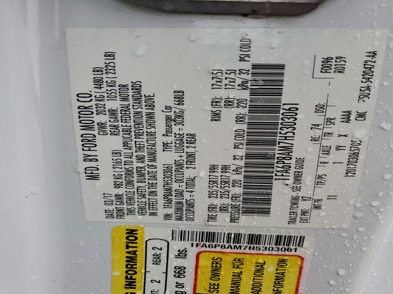 2017 Ford Mustang VIN: 1FA6P8AM7H5303061 Lot: 94378945