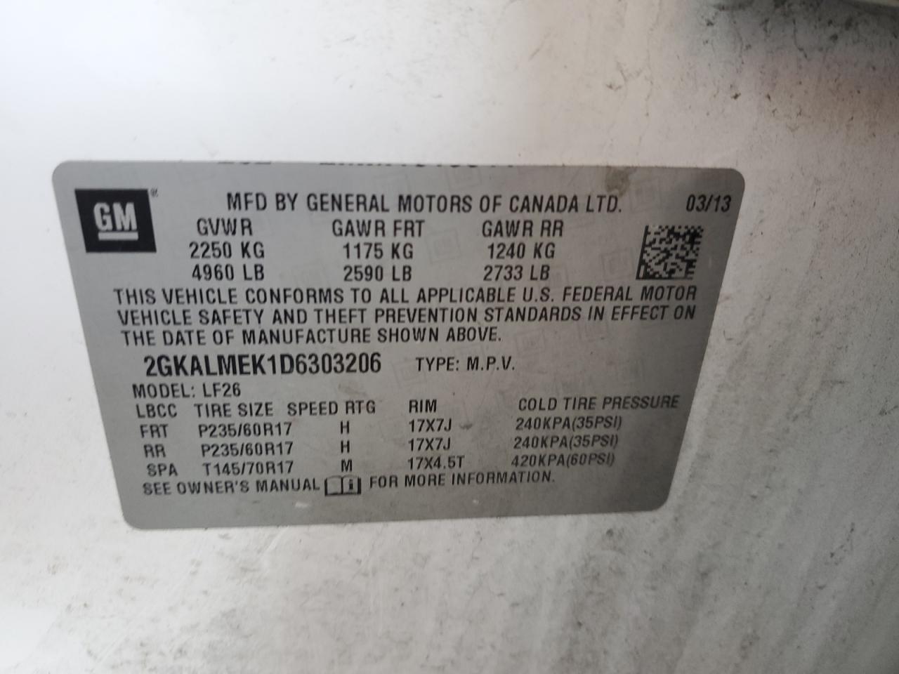 2013 GMC Terrain Sle VIN: 2GKALMEK1D6303206 Lot: 92226655