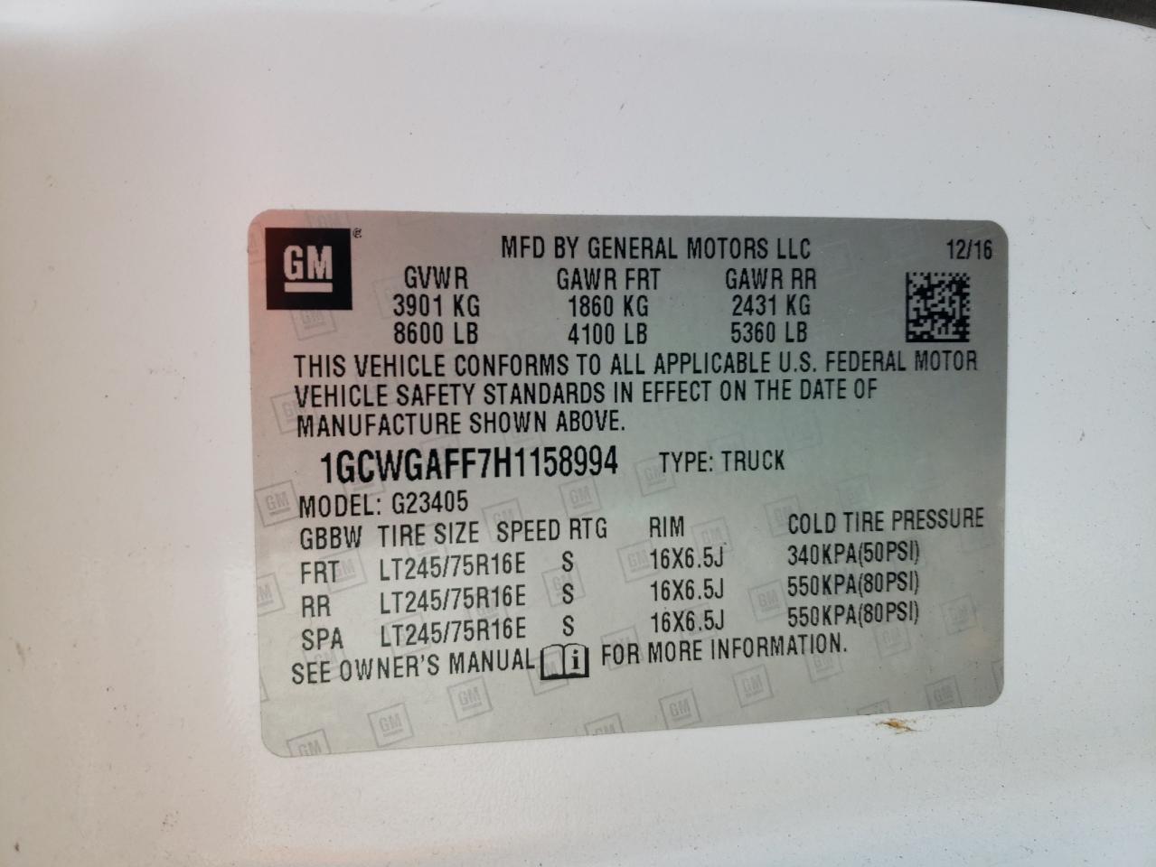 2017 Chevrolet Express G2500 VIN: 1GCWGAFF7H1158994 Lot: 93068515