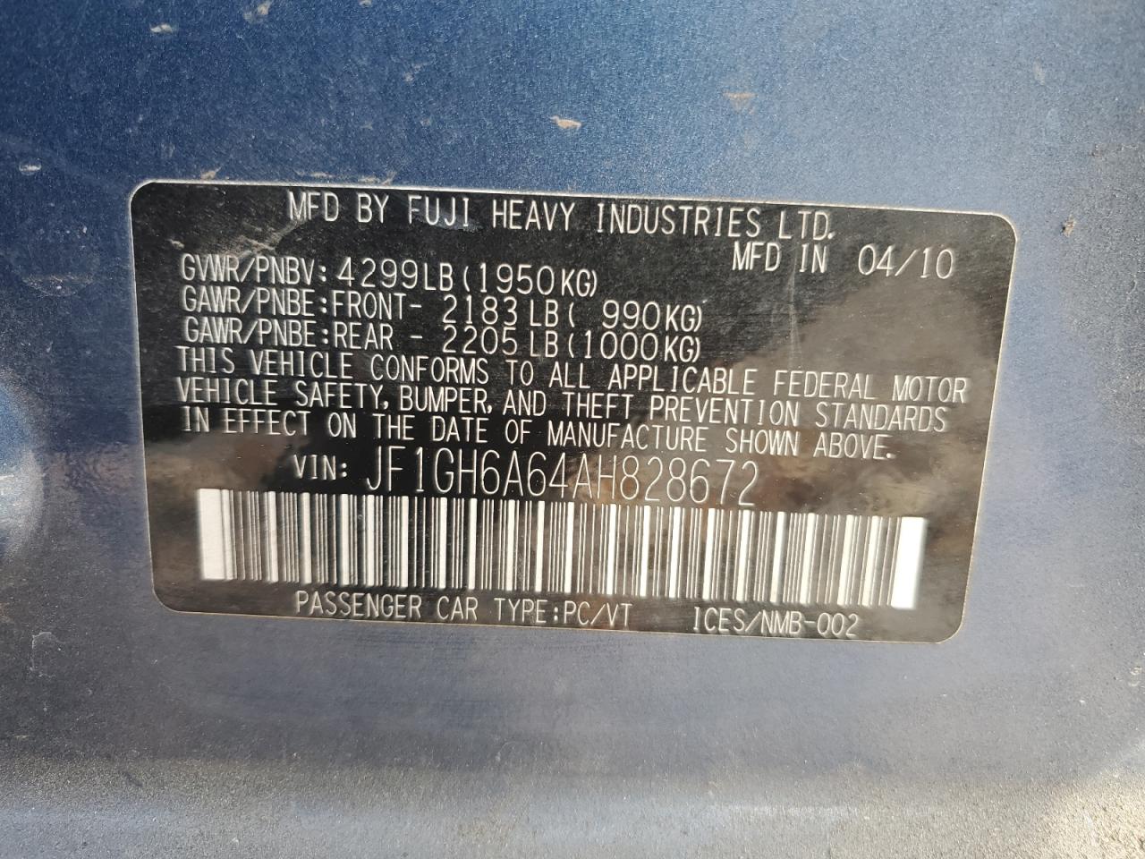 2010 Subaru Impreza 2.5I VIN: JF1GH6A64AH828672 Lot: 93666365