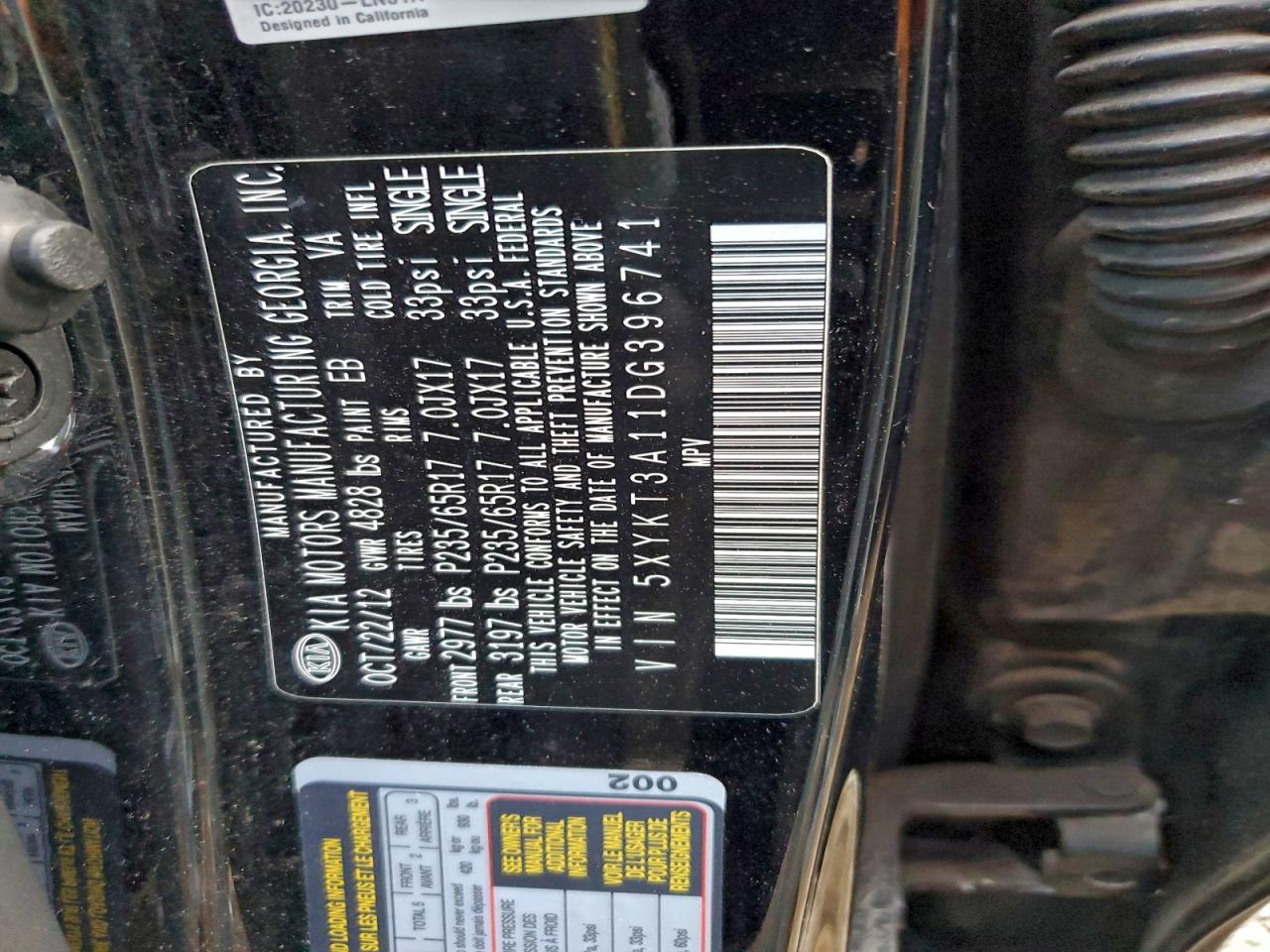 2013 Kia Sorento Lx VIN: 5XYKT3A11DG396741 Lot: 93485495