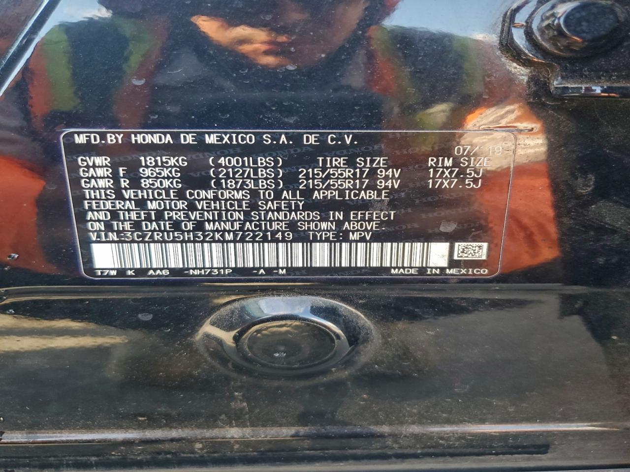 2019 Honda Hr-V Lx VIN: 3CZRU5H32KM722149 Lot: 94439785