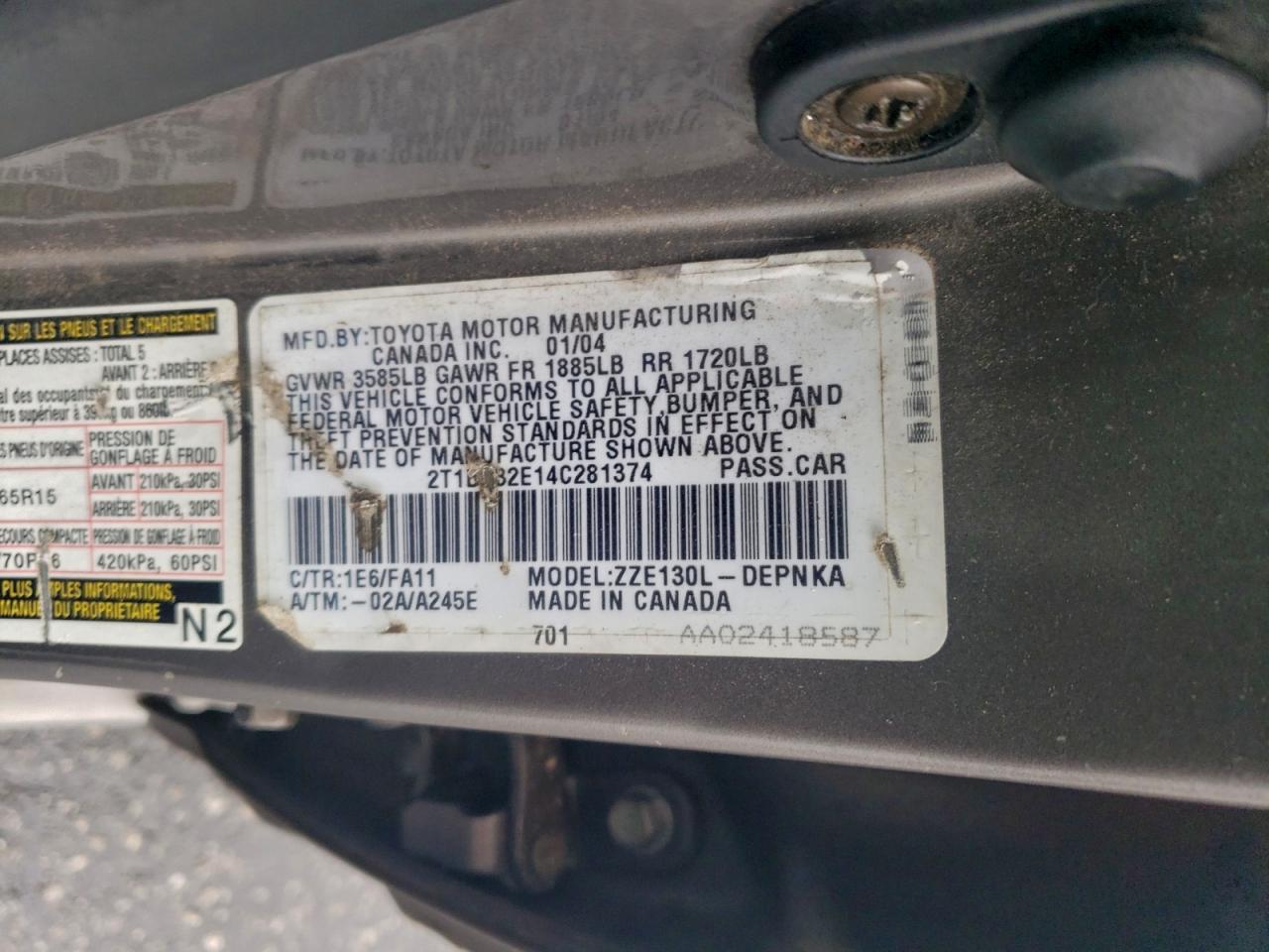 2004 Toyota Corolla Ce VIN: 2T1BR32E14C281374 Lot: 93922525