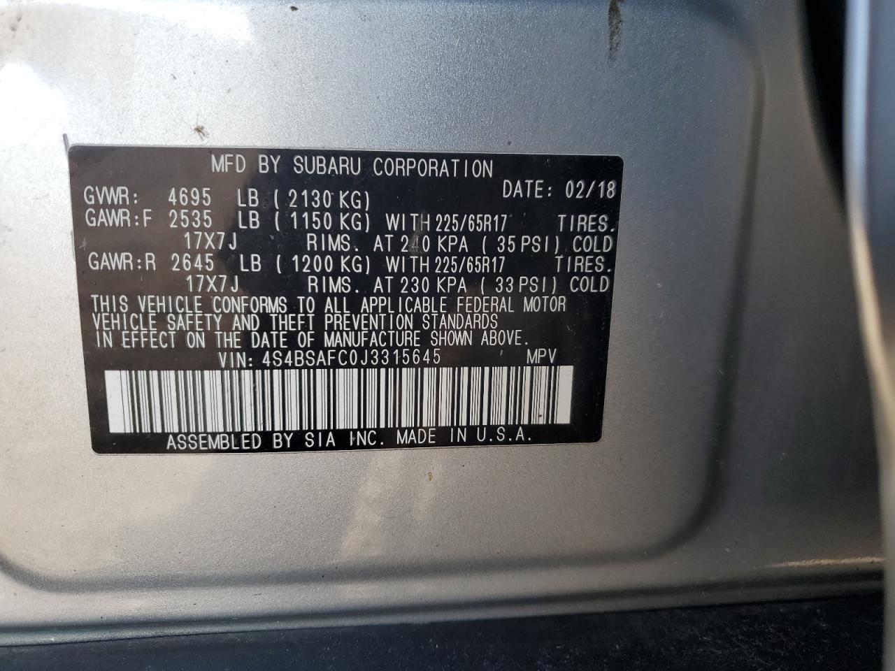 2018 Subaru Outback 2.5I Premium VIN: 4S4BSAFC0J3315645 Lot: 93182105