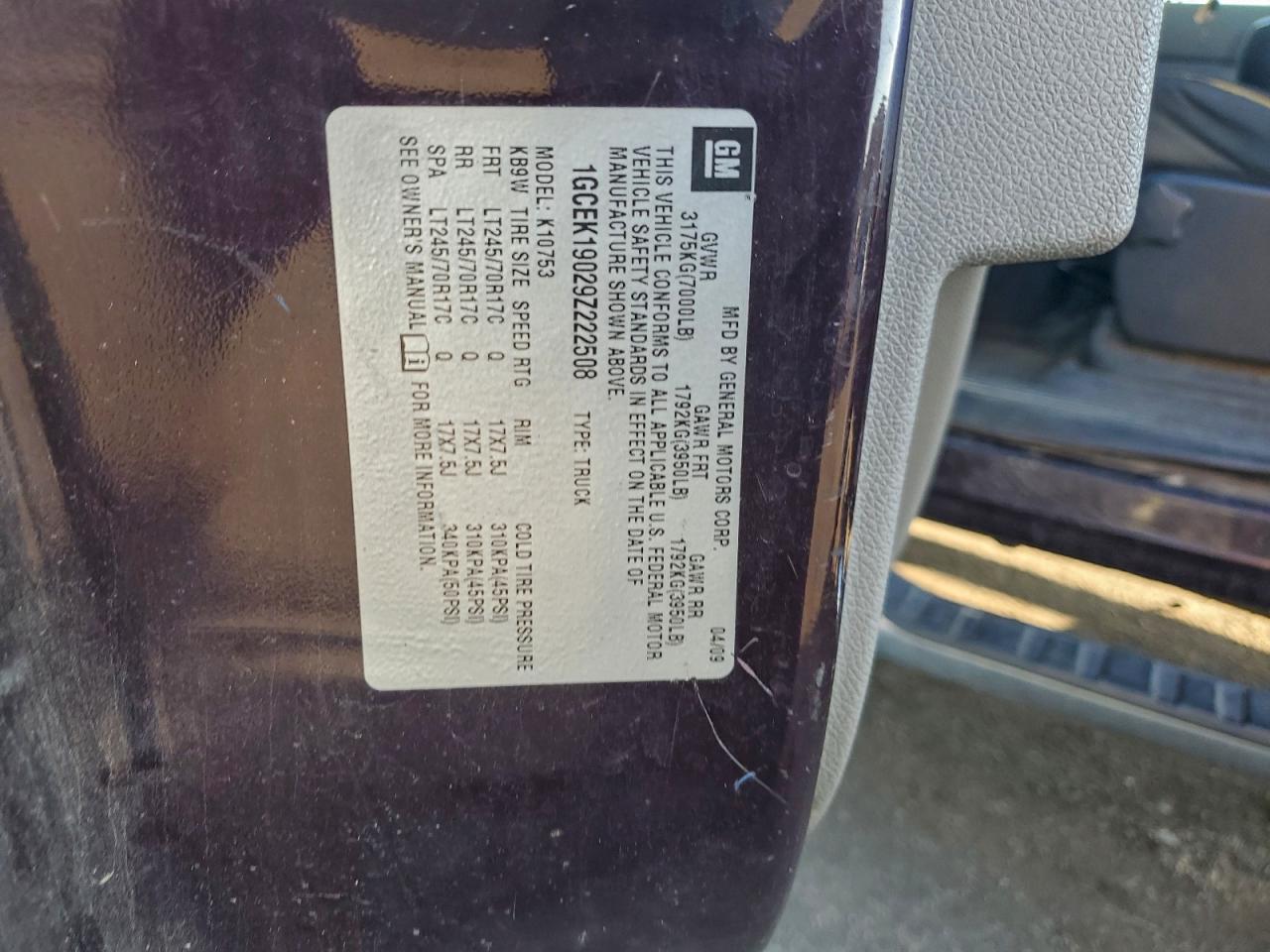 2009 Chevrolet Silverado K1500 VIN: 1GCEK19029Z222508 Lot: 94457925