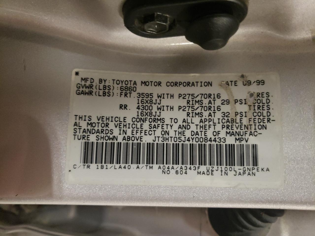 2000 Toyota Land Cruiser VIN: JT3HT05J4Y0084433 Lot: 93559775