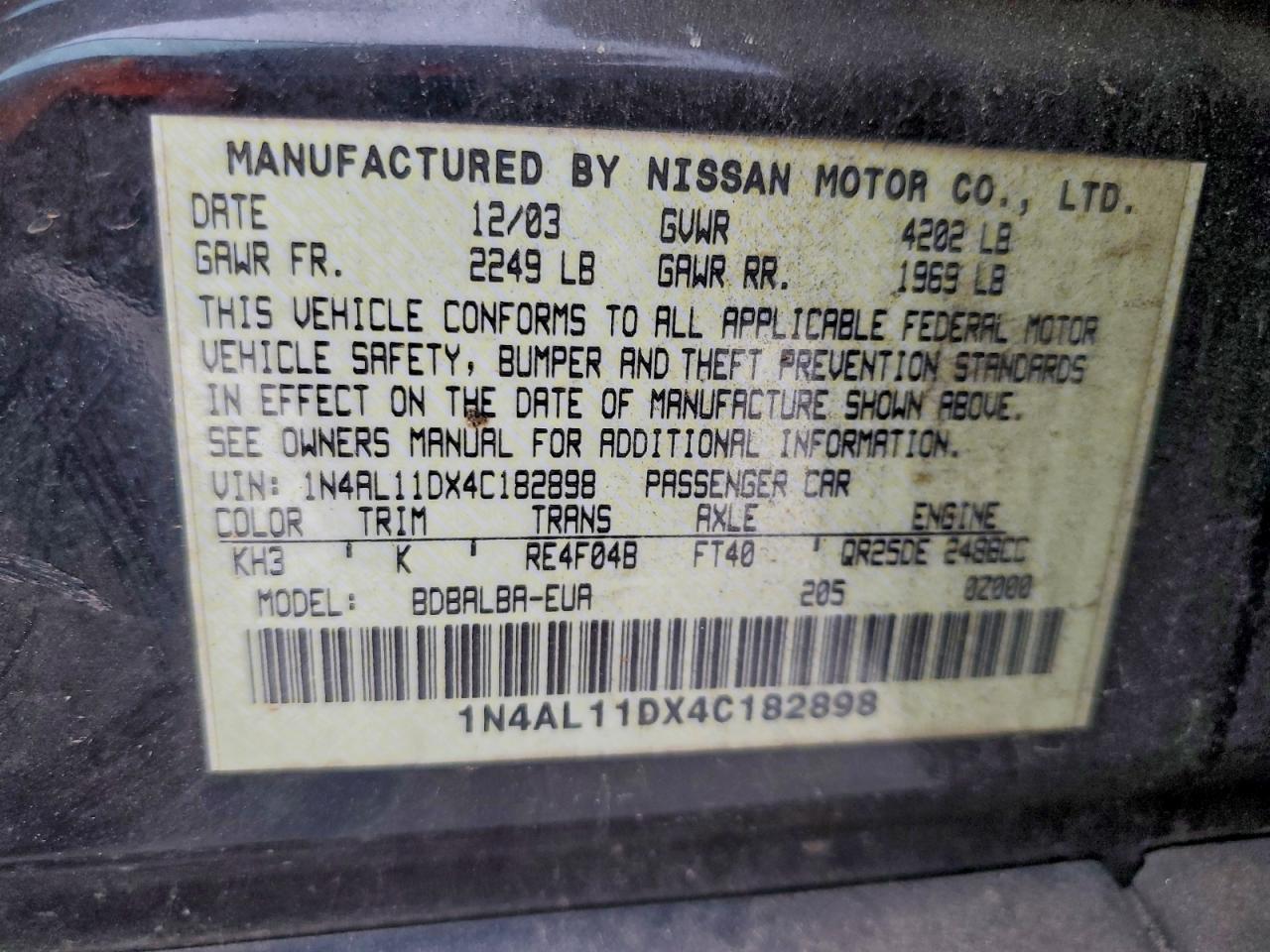 2004 Nissan Altima Base VIN: 1N4AL11DX4C182898 Lot: 92585875