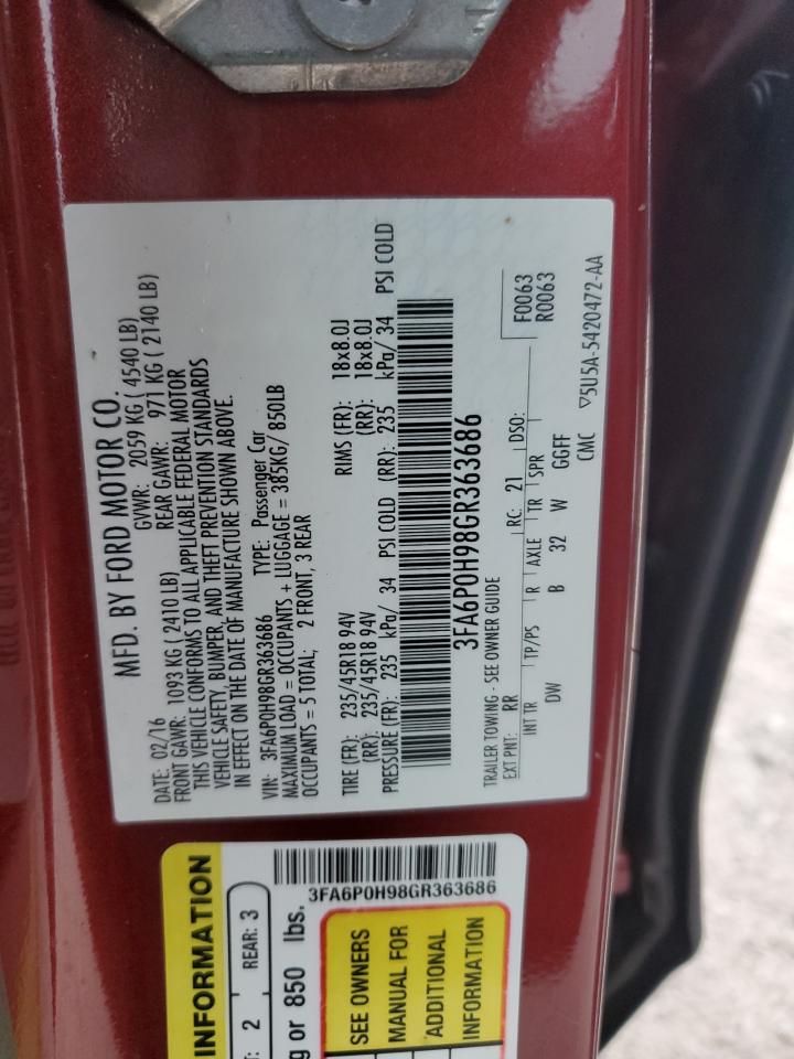 2016 Ford Fusion Se VIN: 3FA6P0H98GR363686 Lot: 92748885