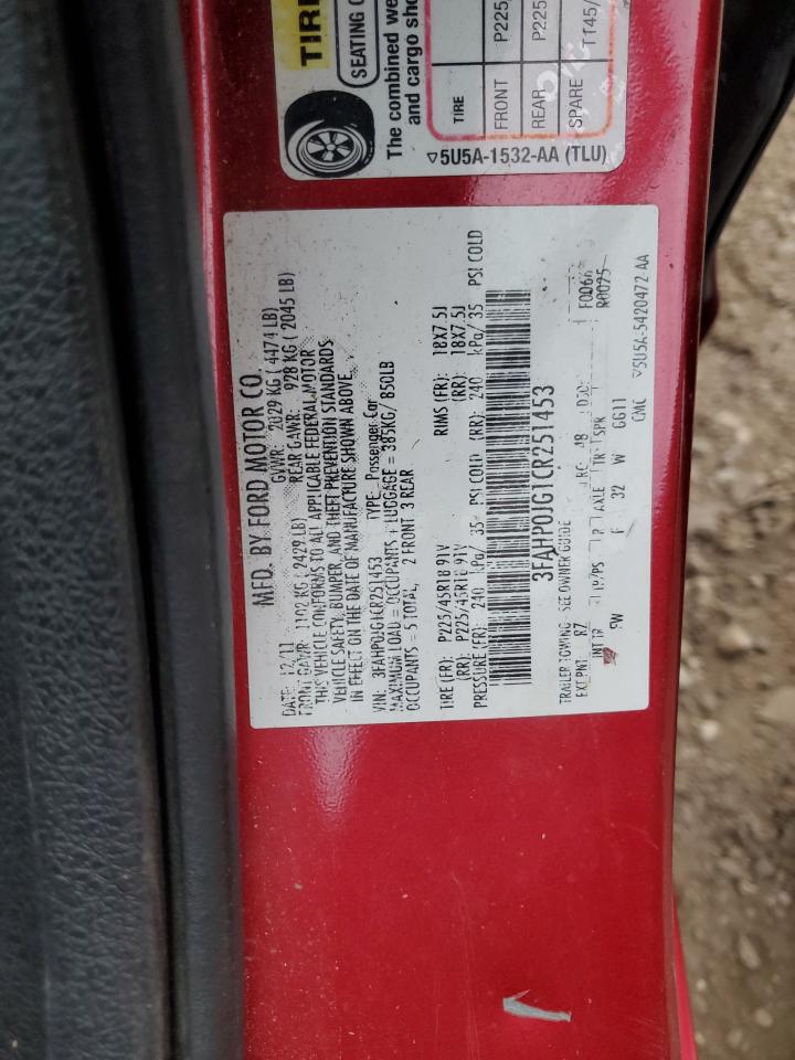 2012 Ford Fusion Sel VIN: 3FAHP0JG1CR251453 Lot: 90665265