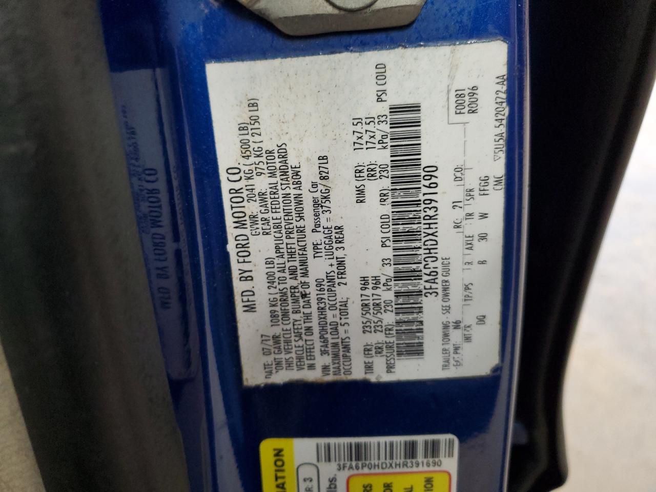 2017 Ford Fusion Se VIN: 3FA6P0HDXHR391690 Lot: 92989445