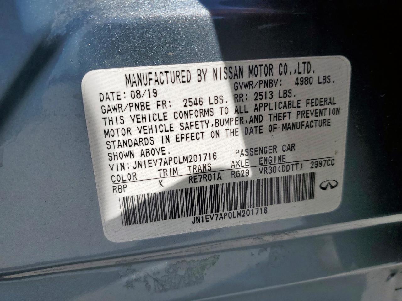 2020 Infiniti Q50 Pure VIN: JN1EV7AP0LM201716 Lot: 91383565