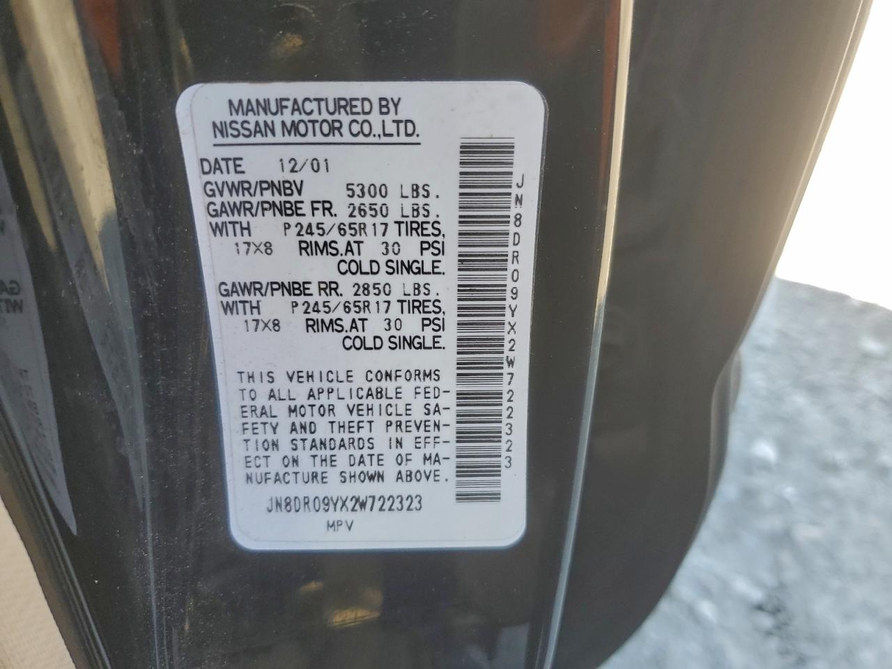 2002 Nissan Pathfinder Le VIN: JN8DR09YX2W722323 Lot: 93789995