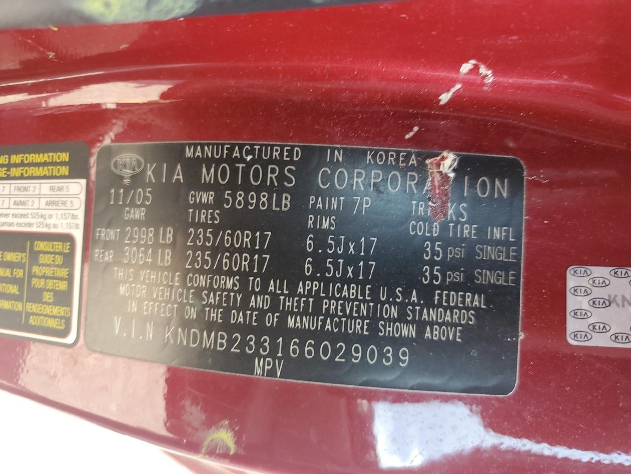 2006 Kia Sedona Ex VIN: KNDMB233166029039 Lot: 93518475