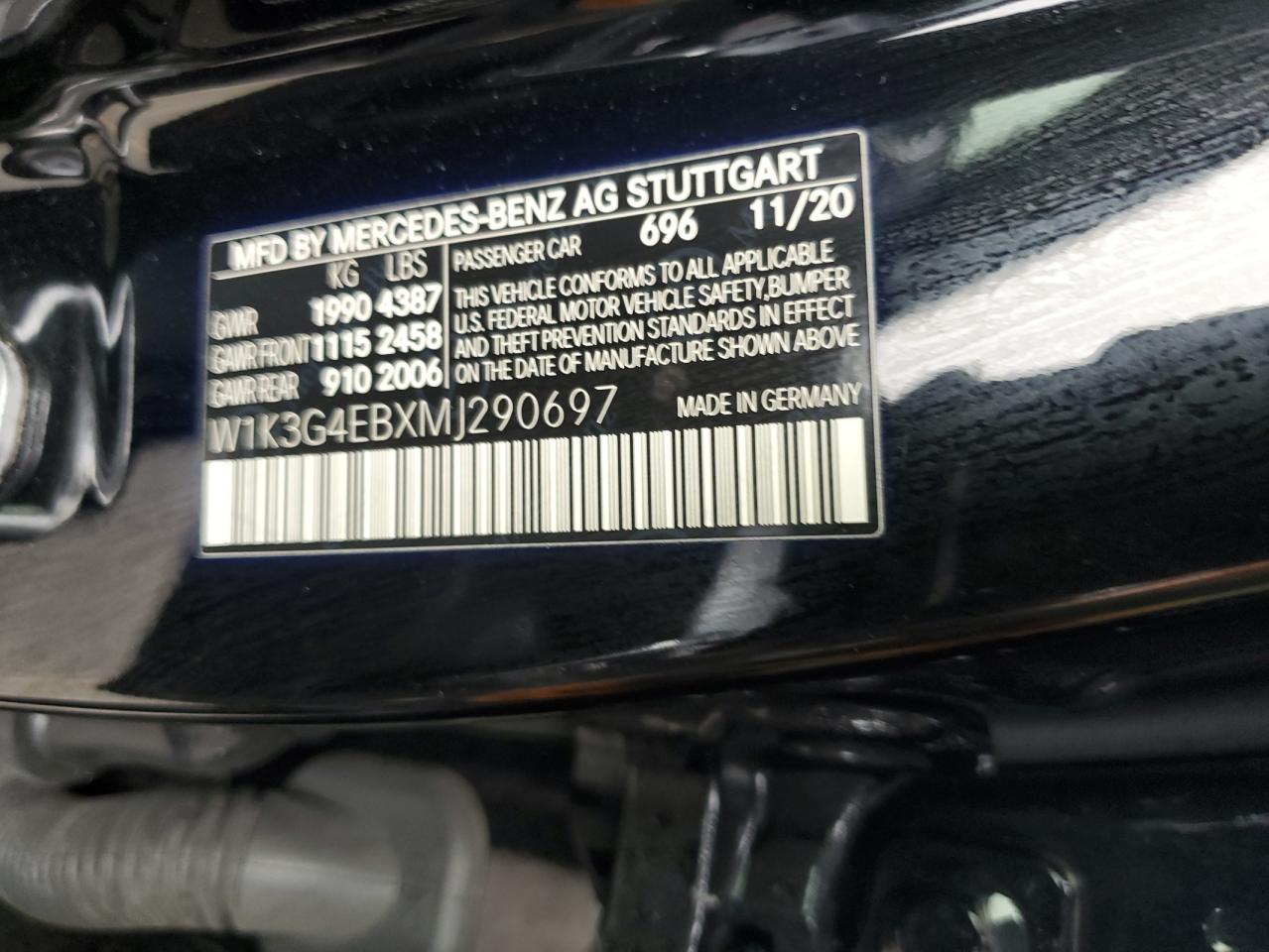 2021 Mercedes-Benz A 220 VIN: W1K3G4EBXMJ290697 Lot: 92316525