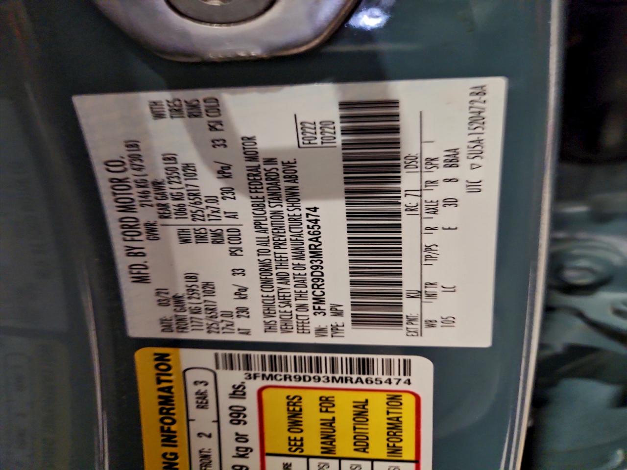 2021 Ford Bronco Sport Badlands VIN: 3FMCR9D93MRA65474 Lot: 93493985