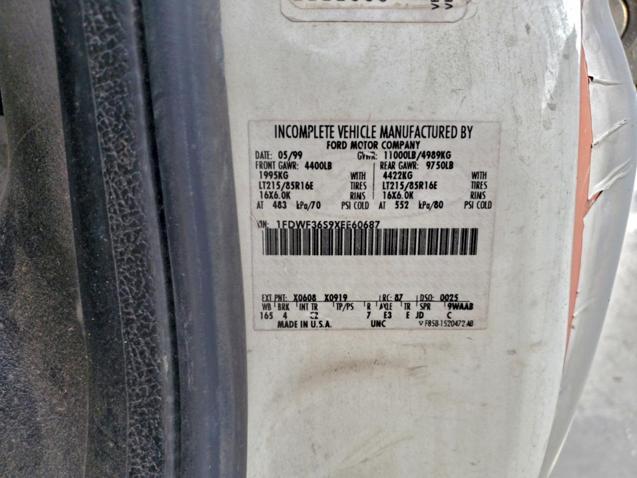 1999 Ford F350 Super Duty VIN: 1FDWF36S9XEE60687 Lot: 93463305