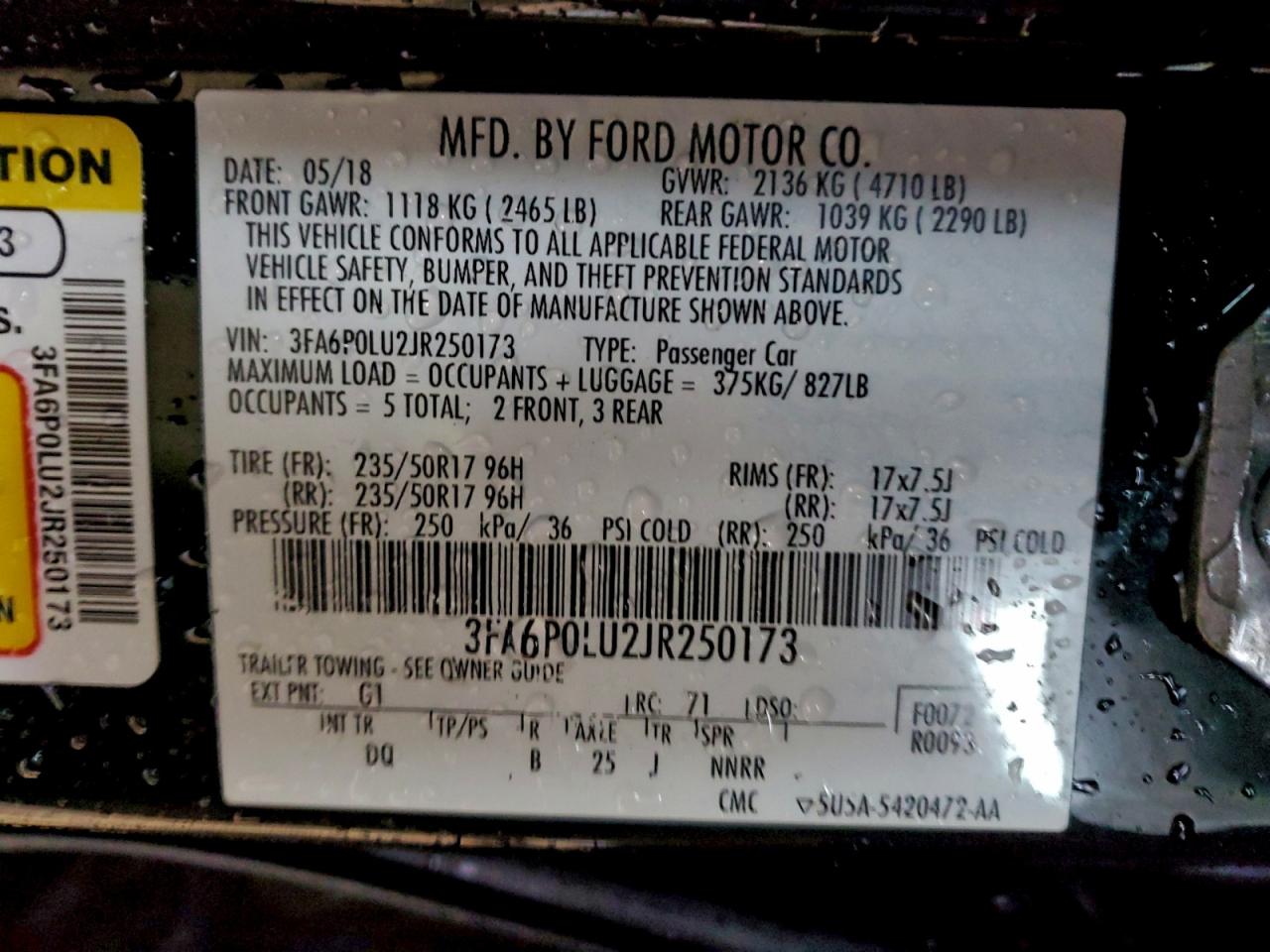 2018 Ford Fusion Se Hybrid VIN: 3FA6P0LU2JR250173 Lot: 93321125