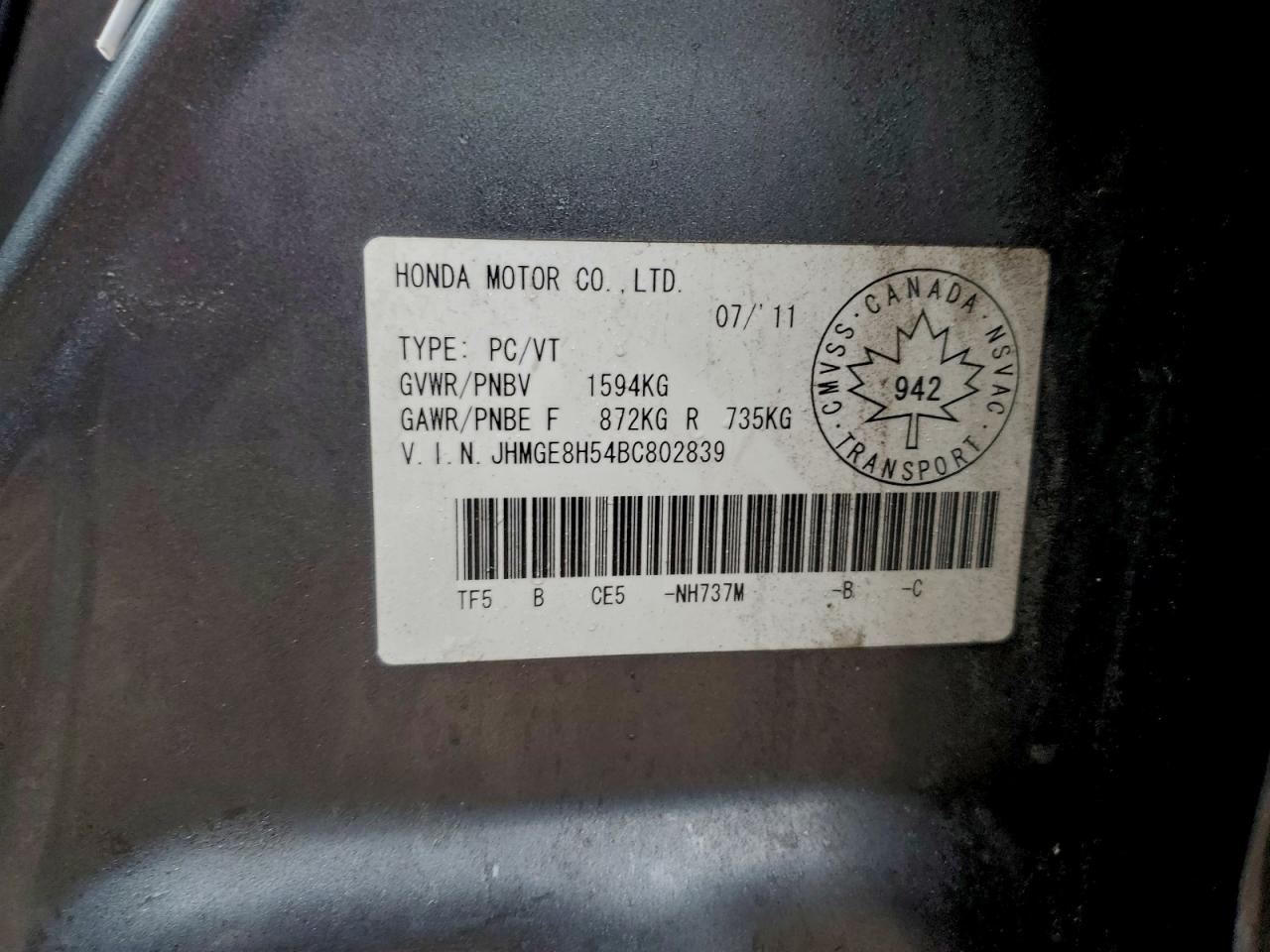 2011 Honda Fit Sport VIN: JHMGE8H54BC802839 Lot: 94727485