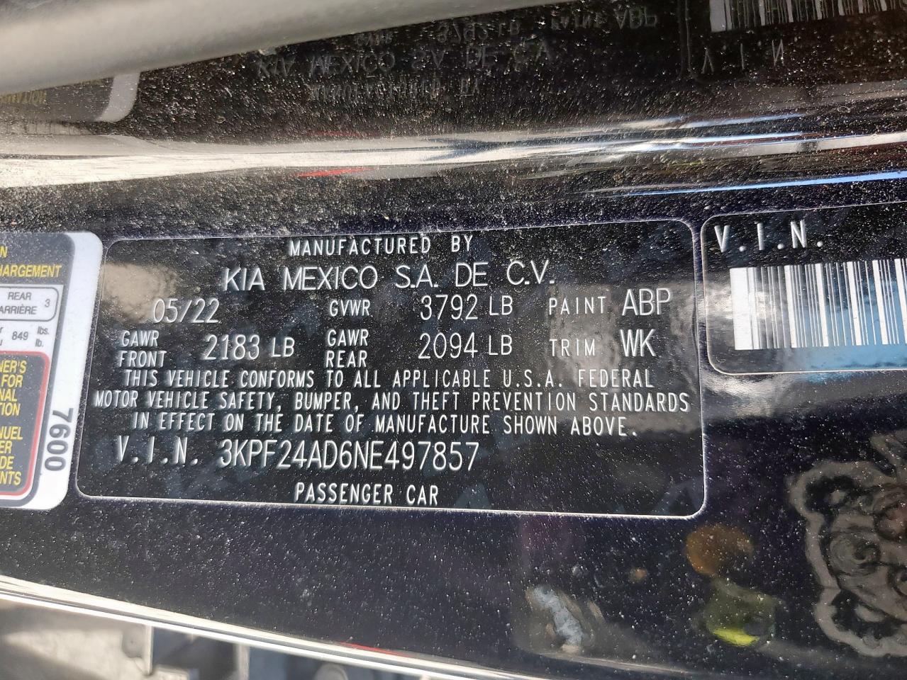 2022 Kia Forte Fe VIN: 3KPF24AD6NE497857 Lot: 92461165