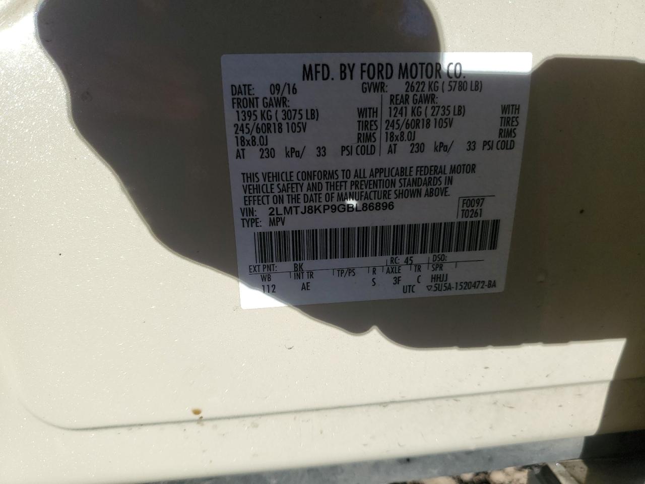 2016 Lincoln Mkx Select VIN: 2LMTJ8KP9GBL86896 Lot: 91125485