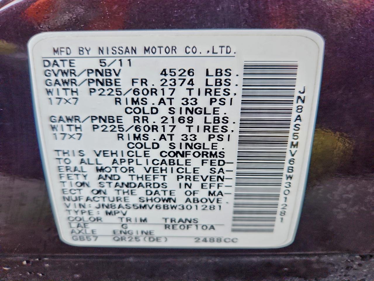 2011 Nissan Rogue S VIN: JN8AS5MV6BW301281 Lot: 94392065