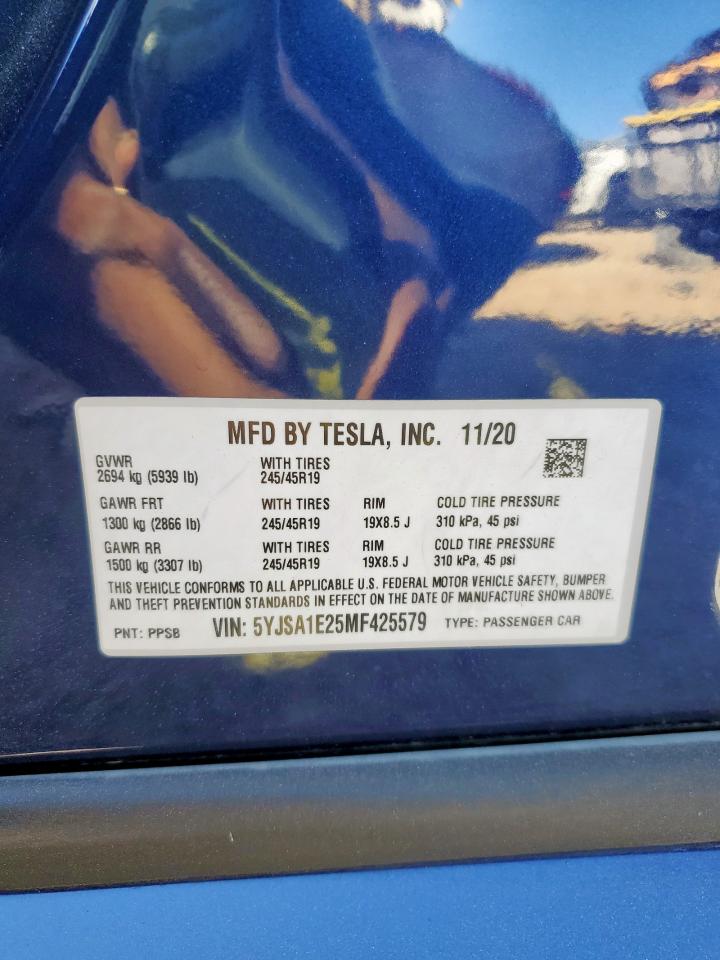 2021 Tesla Model S VIN: 5YJSA1E25MF425579 Lot: 91298805