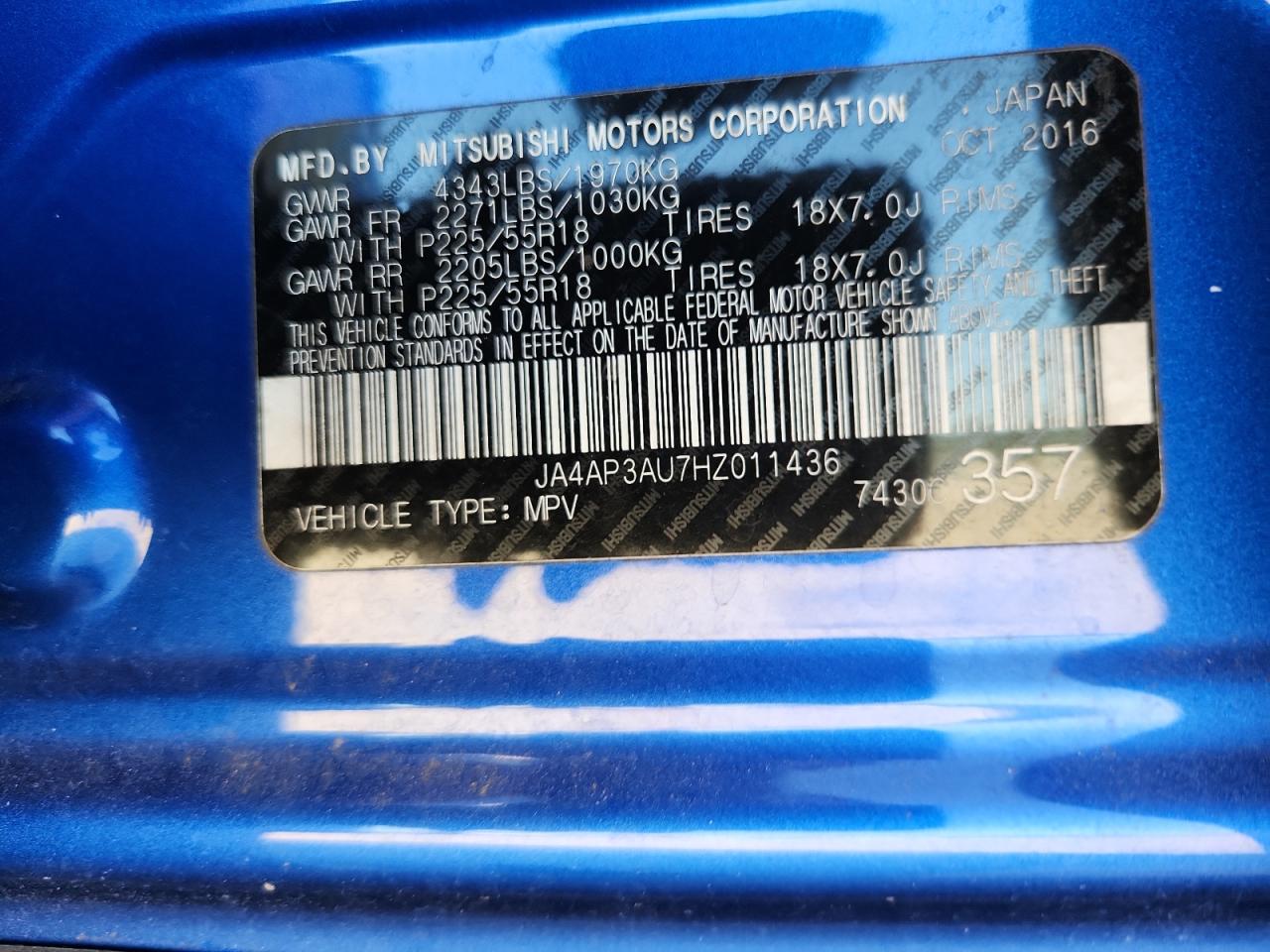 2017 Mitsubishi Outlander Sport Es VIN: JA4AP3AU7HZ011436 Lot: 93683935
