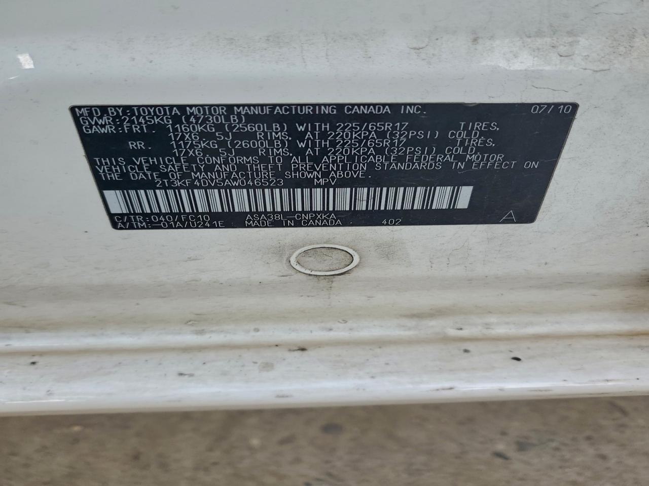 2010 Toyota Rav4 VIN: 2T3KF4DV5AW046523 Lot: 92765195