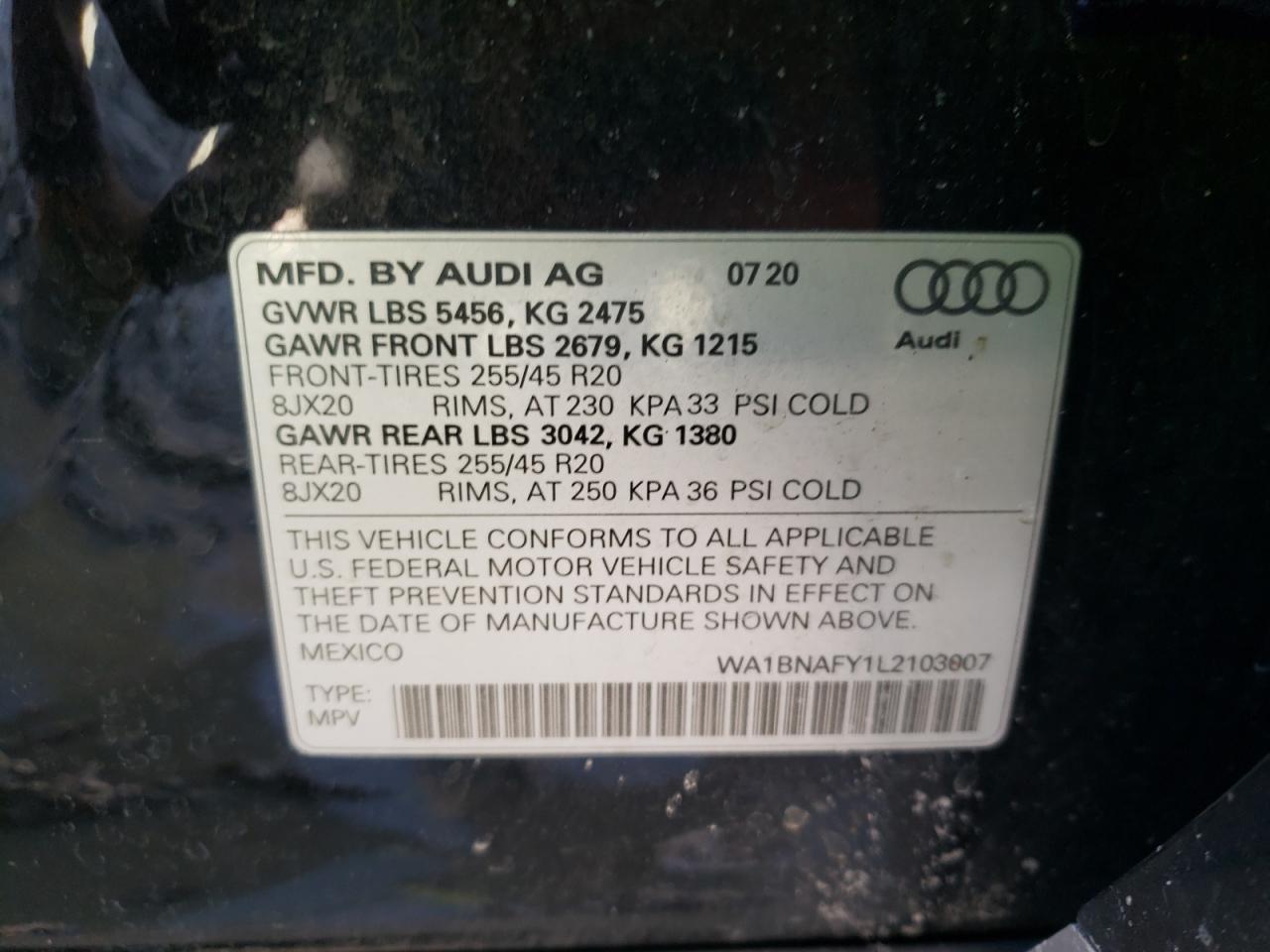 2020 Audi Q5 Premium Plus VIN: WA1BNAFY1L2103007 Lot: 92801015