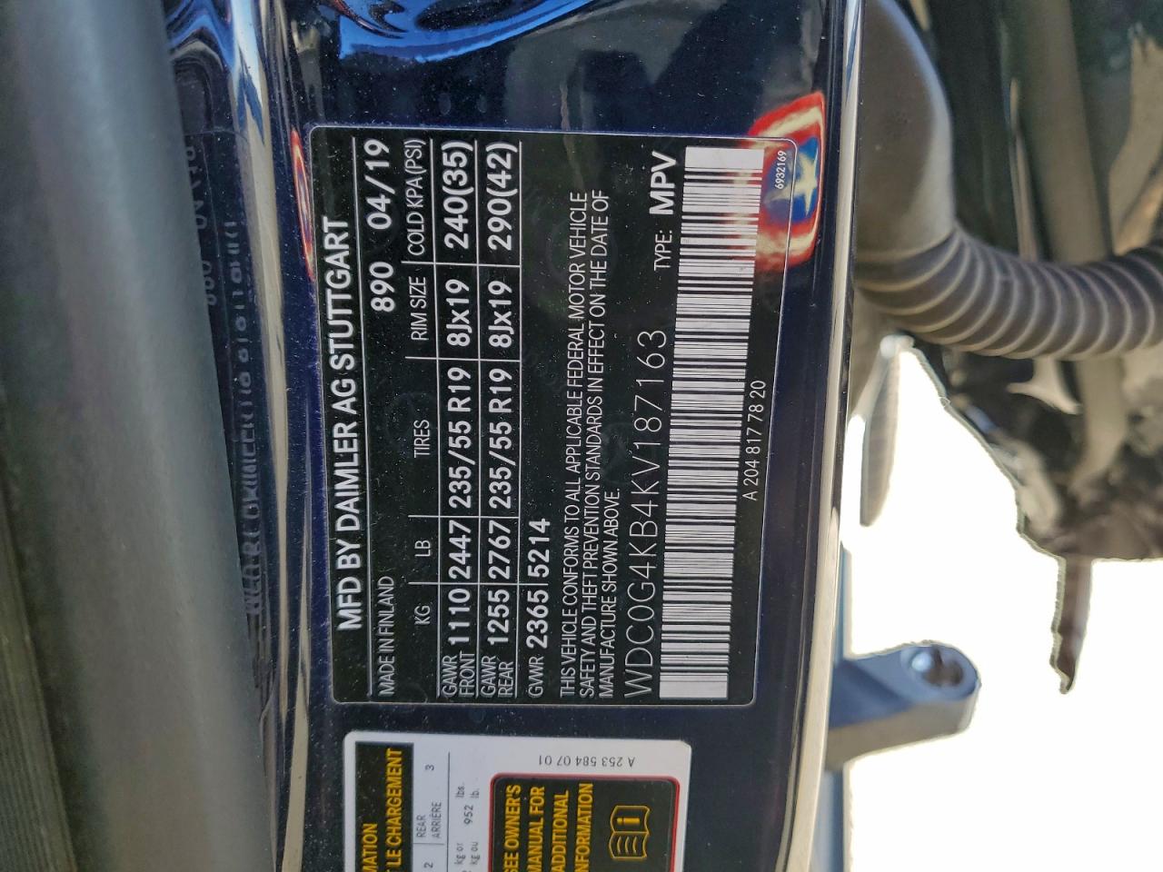 2019 Mercedes-Benz Glc 300 4Matic VIN: WDC0G4KB4KV187163 Lot: 94186475