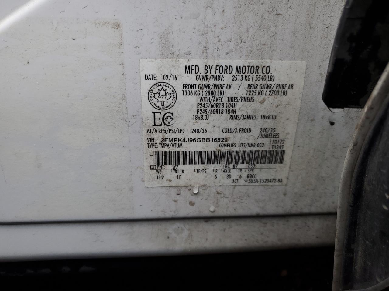 2016 Ford Edge Sel VIN: 2FMPK4J96GBB16529 Lot: 92054985