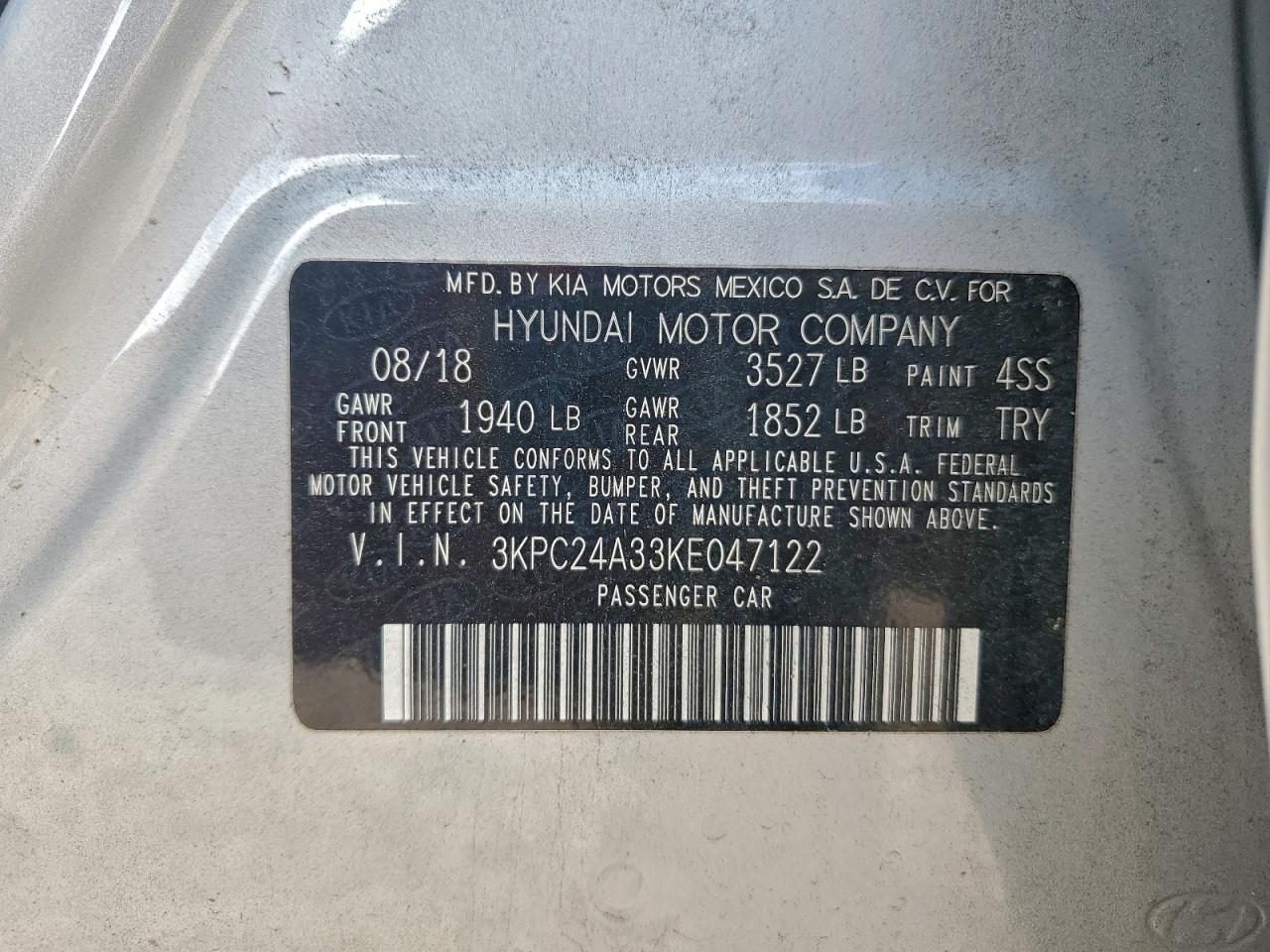 2019 Hyundai Accent Se VIN: 3KPC24A33KE047122 Lot: 94556975