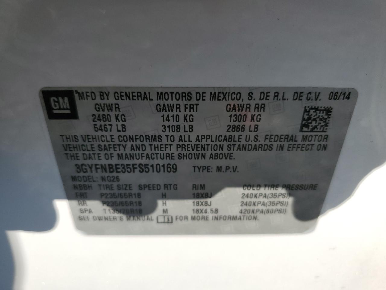 2015 Cadillac Srx Luxury Collection VIN: 3GYFNBE35FS510169 Lot: 91392565