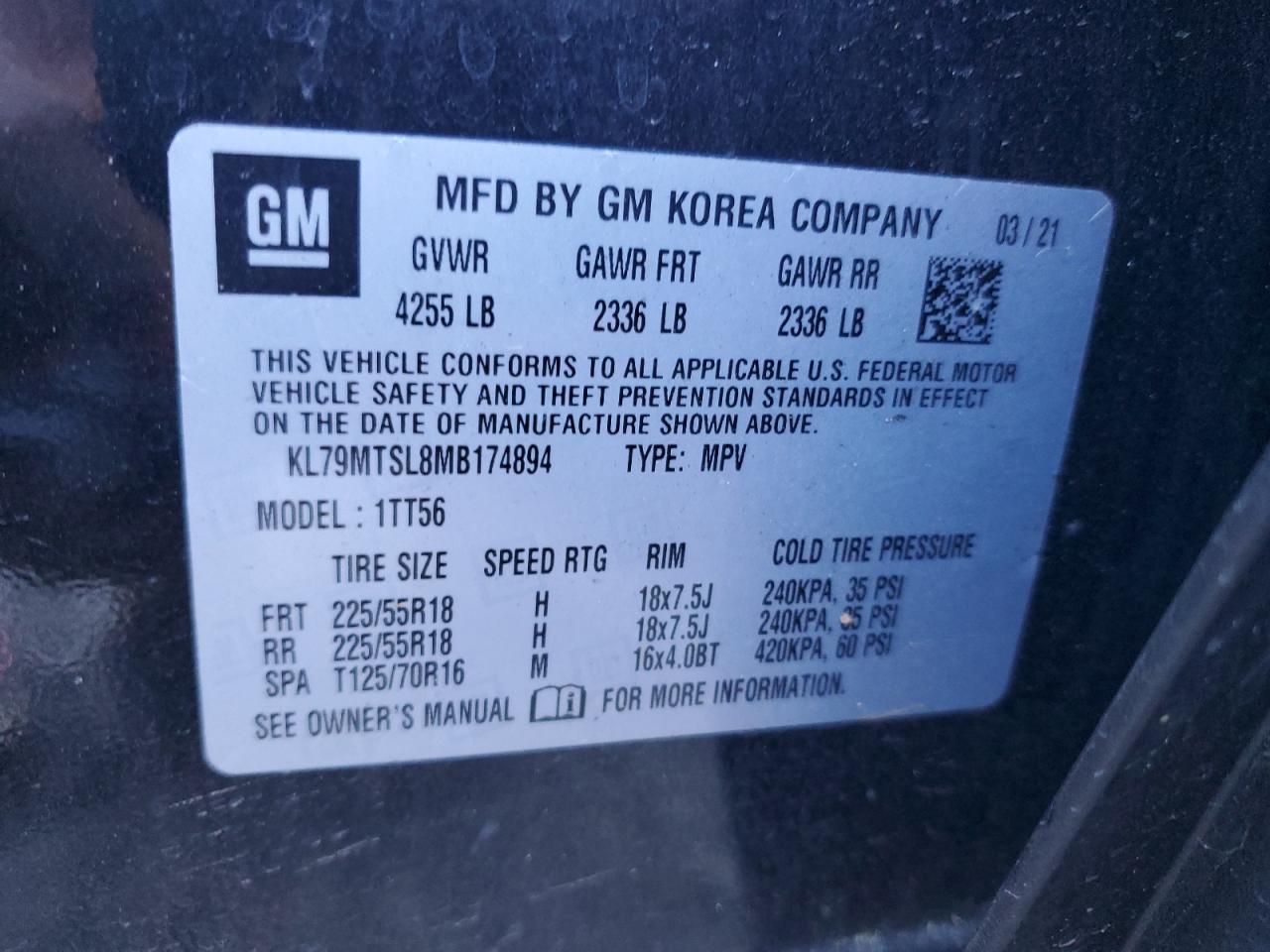 2021 Chevrolet Trailblazer Rs VIN: KL79MTSL8MB174894 Lot: 93123085