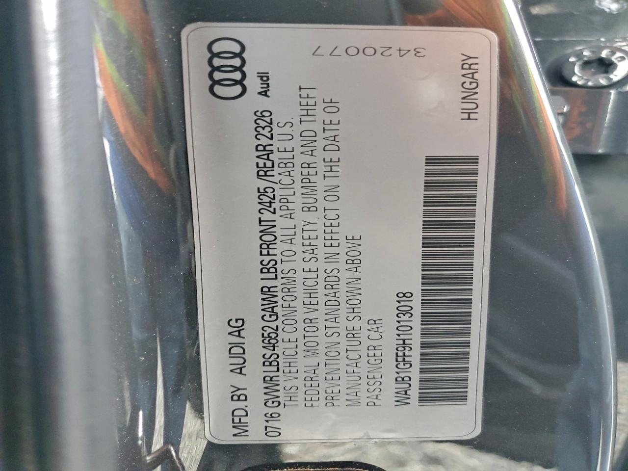 2017 Audi S3 Premium Plus VIN: WAUB1GFF9H1013018 Lot: 93940675