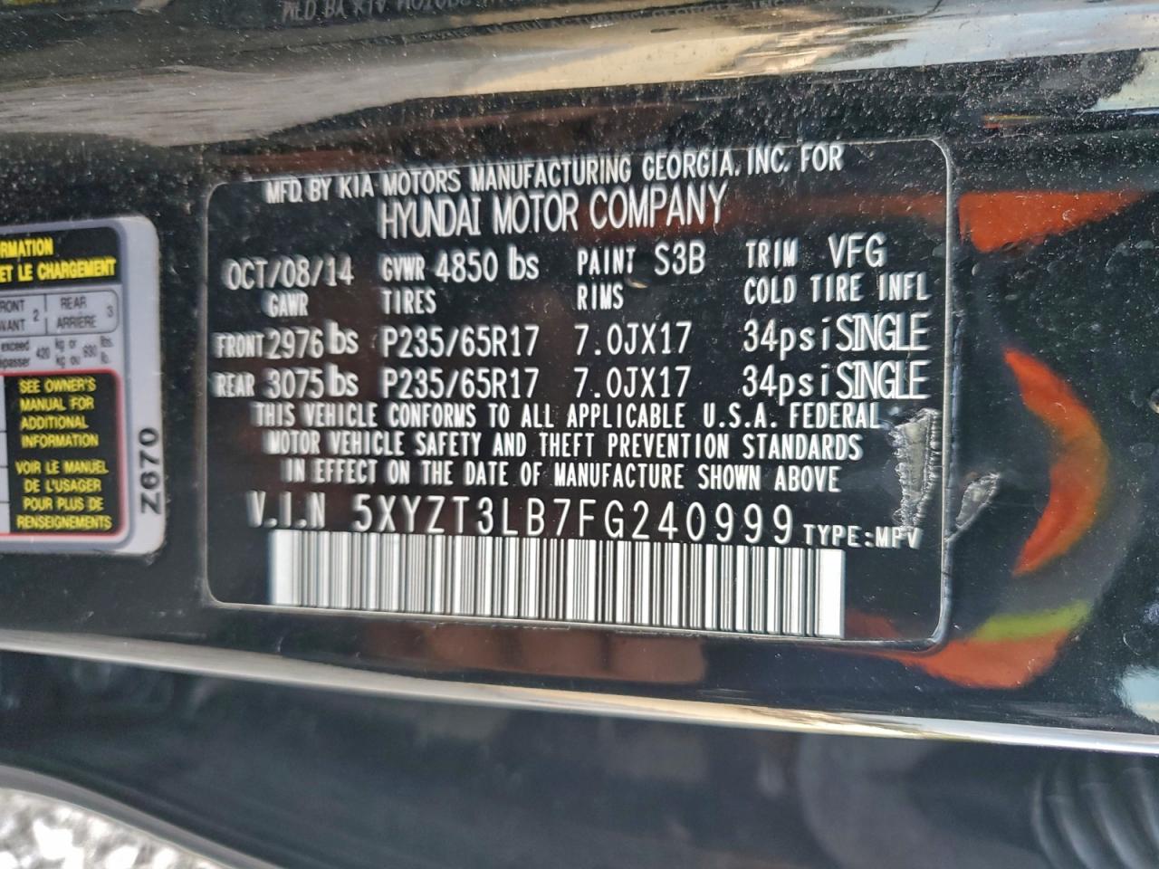 2015 Hyundai Santa Fe Sport VIN: 5XYZT3LB7FG240999 Lot: 93670915