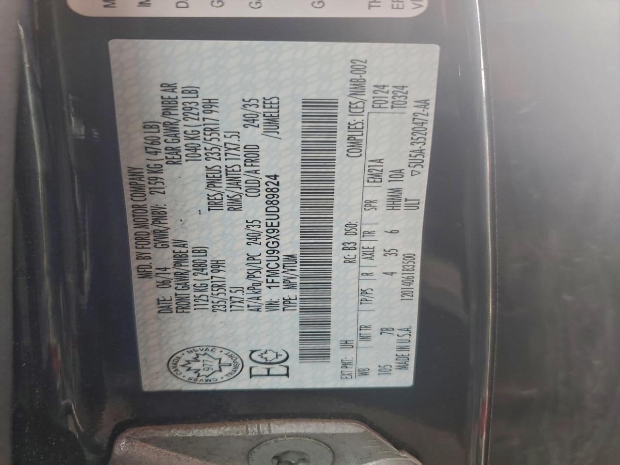 2014 Ford Escape Se VIN: 1FMCU9GX9EUD89824 Lot: 94338735