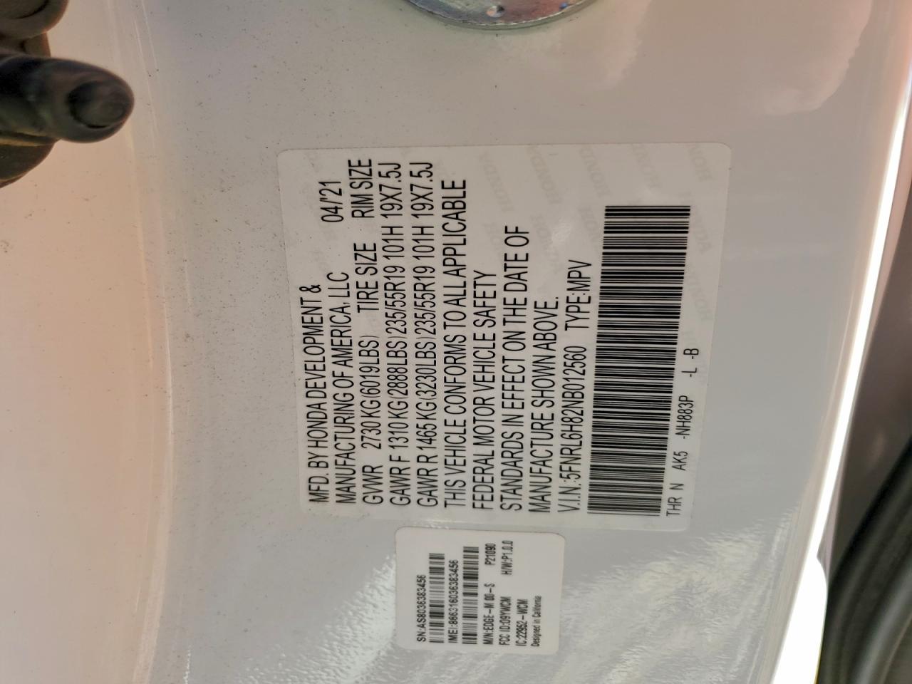 2022 Honda Odyssey Touring VIN: 5FNRL6H82NB012560 Lot: 94589935