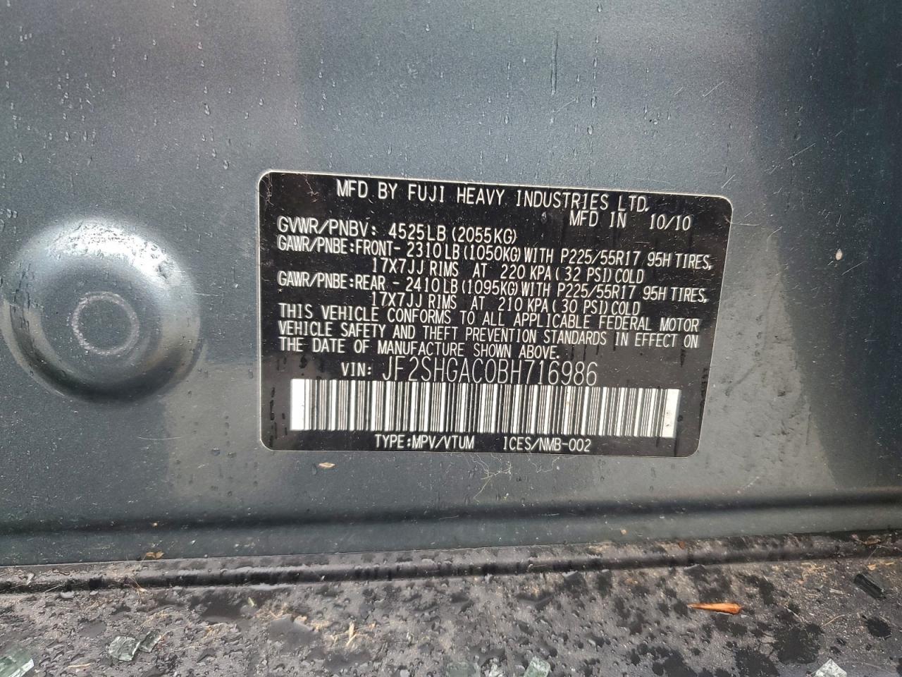 2011 Subaru Forester 2.5X VIN: JF2SHGAC0BH716986 Lot: 94291855