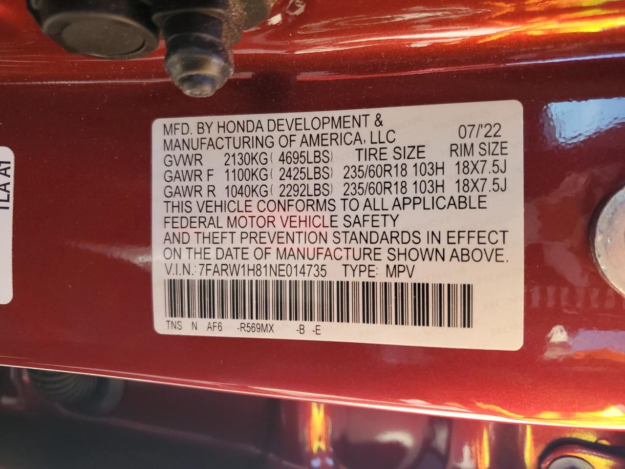2022 Honda Cr-V Exl VIN: 7FARW1H81NE014735 Lot: 90938025