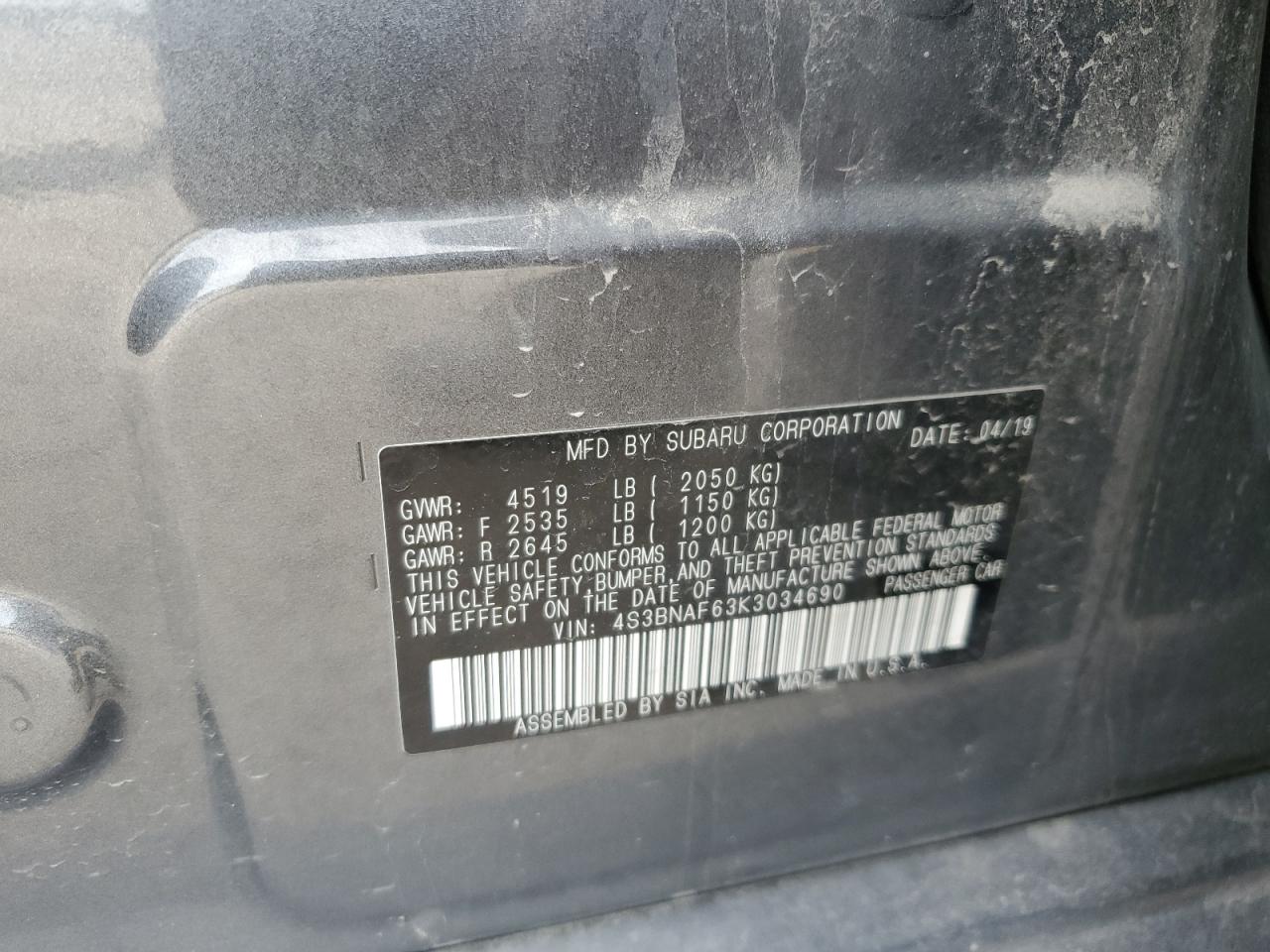 2019 Subaru Legacy 2.5I Premium VIN: 4S3BNAF63K3034690 Lot: 92083125