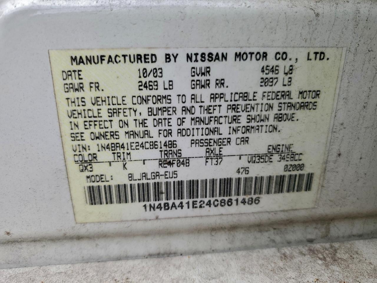 2004 Nissan Maxima Se VIN: 1N4BA41E24C861486 Lot: 93771865