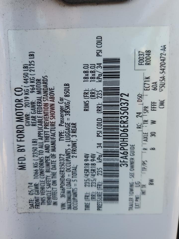 2014 Ford Fusion Se VIN: 3FA6P0HD6ER350372 Lot: 93397825