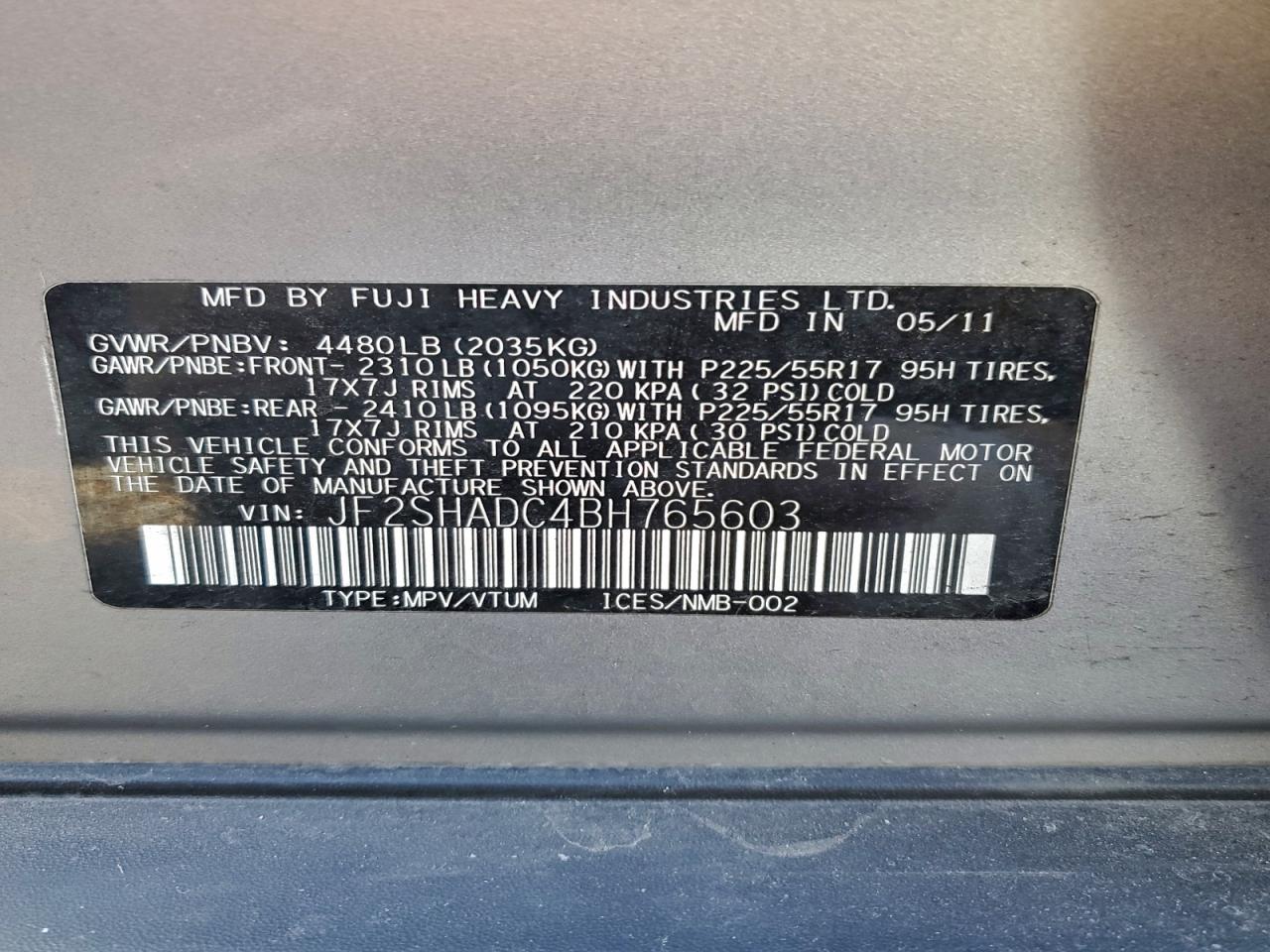 2011 Subaru Forester 2.5X Premium VIN: JF2SHADC4BH765603 Lot: 93403185