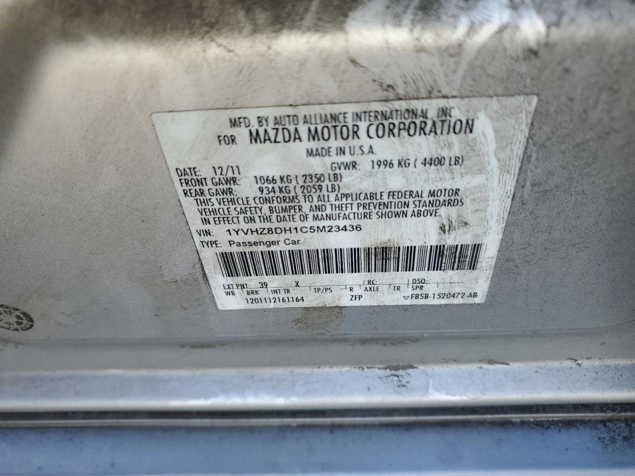 2012 Mazda 6 I VIN: 1YVHZ8DH1C5M23436 Lot: 91966405