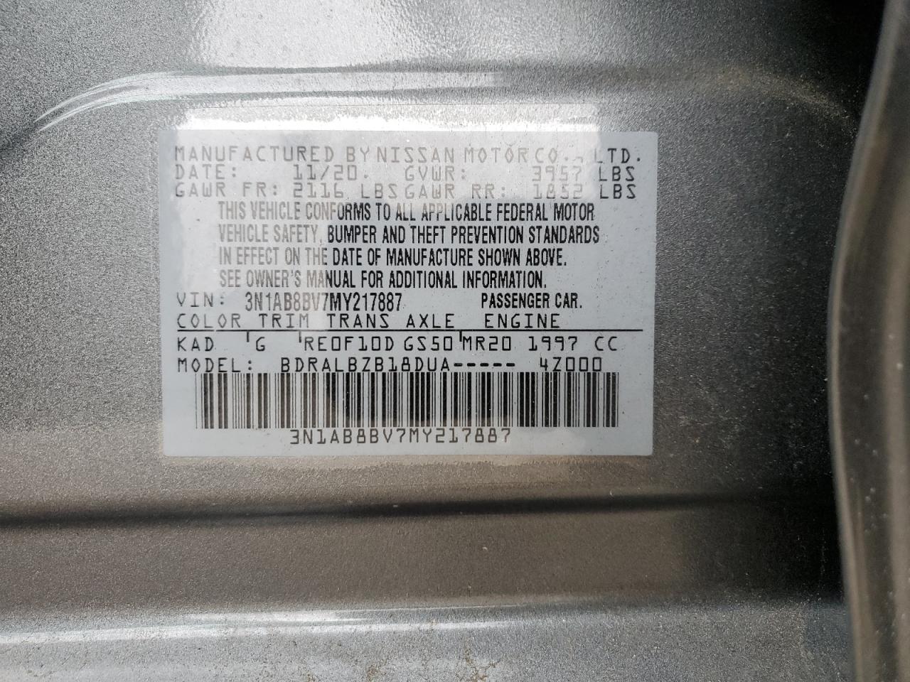 2021 Nissan Sentra S VIN: 3N1AB8BV7MY217887 Lot: 92396355